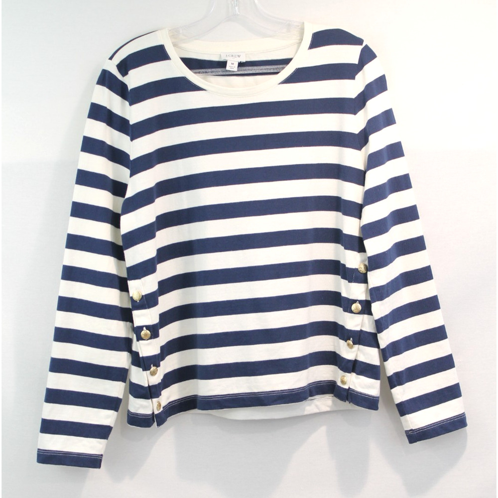 J Crew Nautical Top Womens size M Navy Blue Striped Gold Buttons on Side Hem